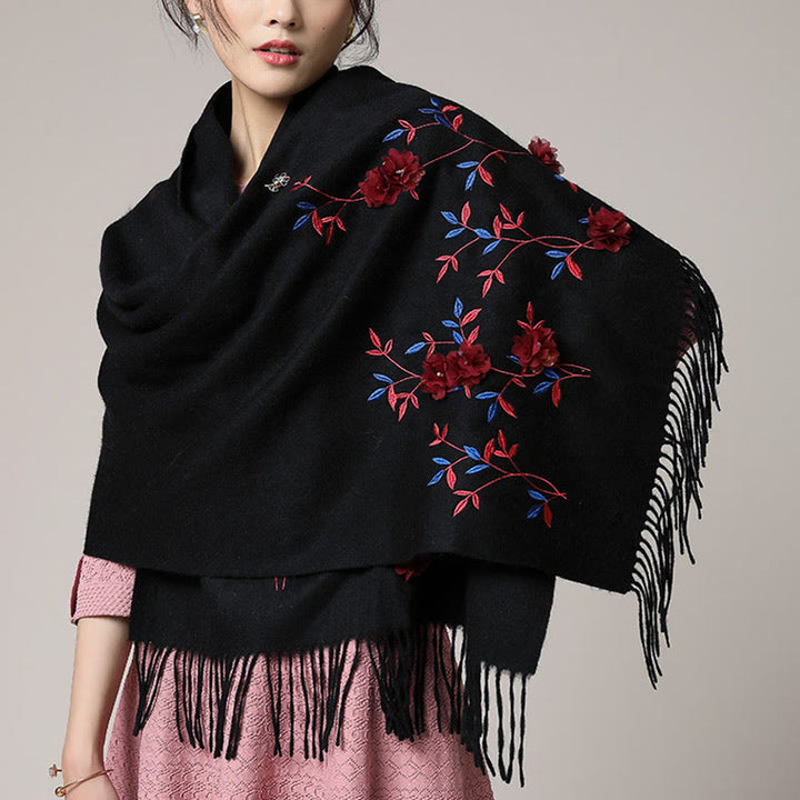 Chal de lana con Buddha Stones y bordado floral en 3D, bufanda de viaje acogedora para el invierno con borlas