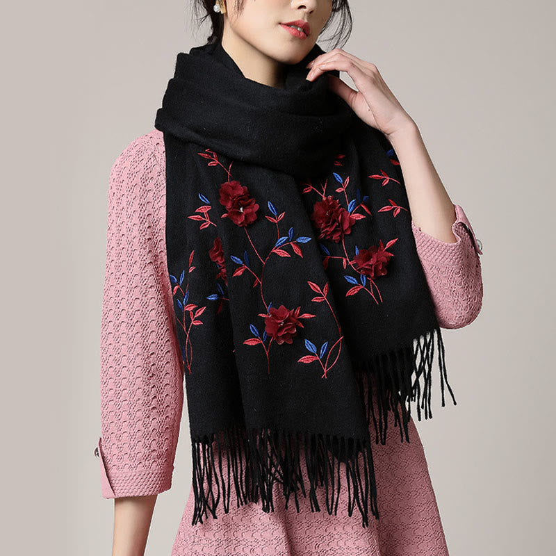 Chal de lana con Buddha Stones y bordado floral en 3D, bufanda de viaje acogedora para el invierno con borlas - image 1