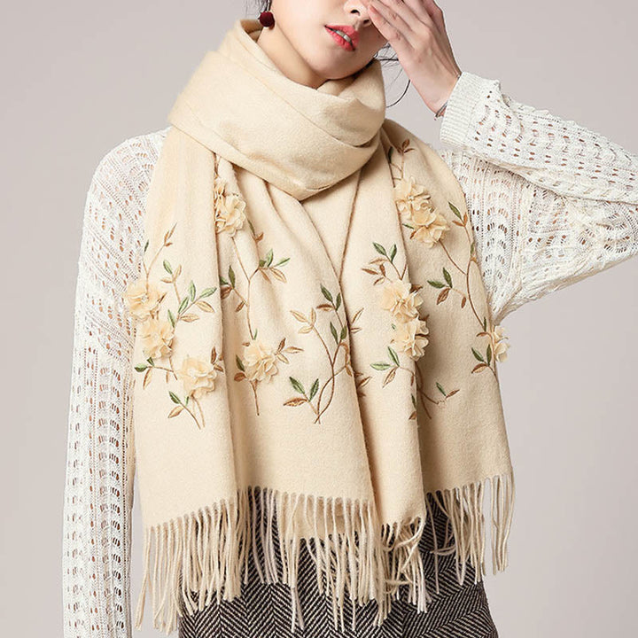 Chal de lana con Buddha Stones y bordado floral en 3D, bufanda de viaje acogedora para el invierno con borlas