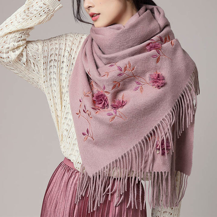 Chal de lana con Buddha Stones y bordado floral en 3D, bufanda de viaje acogedora para el invierno con borlas