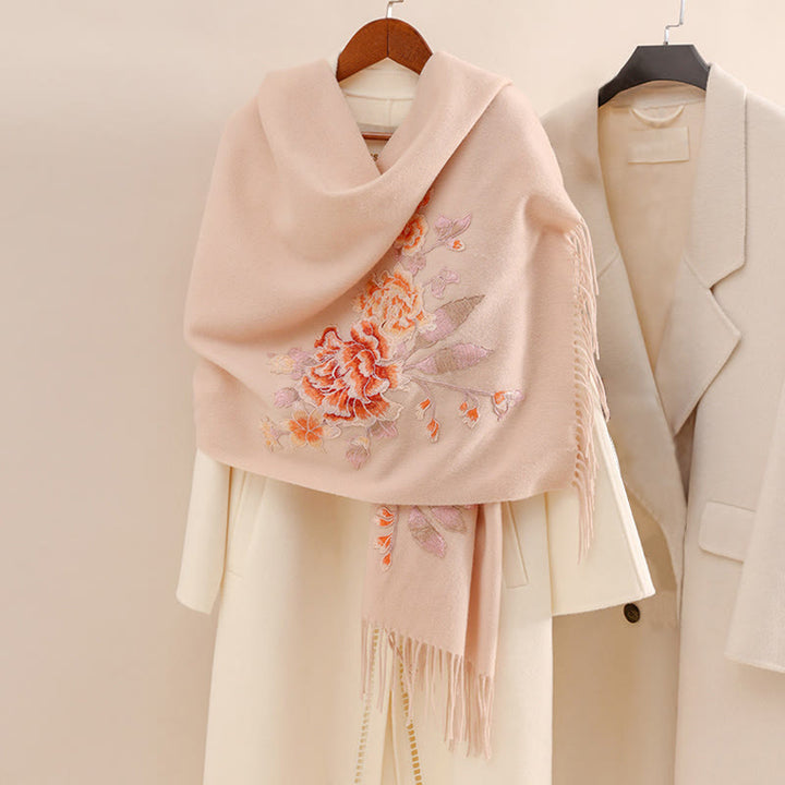 Chal de lana con Buddha Stones y flores rojas bordadas con borlas, bufanda de viaje acogedora para el invierno