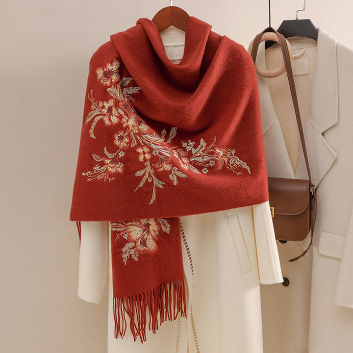 Chal de lana con Buddha Stones , flores rojas, lentejuelas doradas, bordado con borlas, bufanda de viaje acogedora para invierno