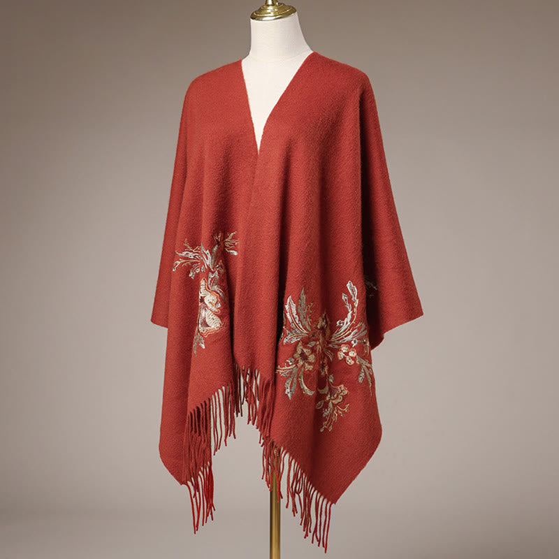 Chal de lana con Buddha Stones , flores rojas, lentejuelas doradas, bordado con borlas, bufanda de viaje acogedora para invierno