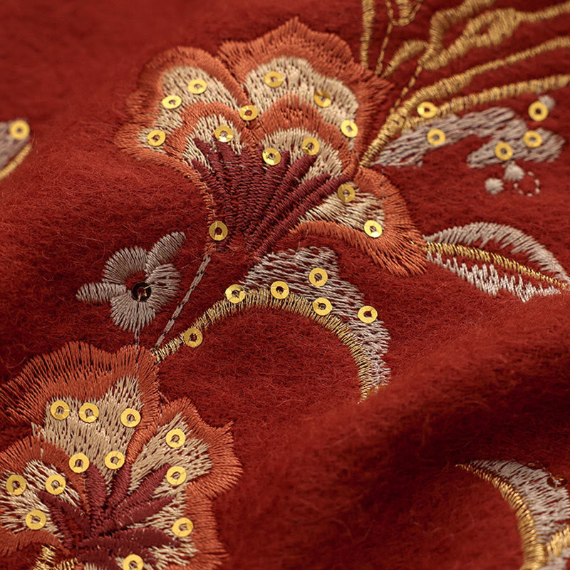 Chal de lana con Buddha Stones , flores rojas, lentejuelas doradas, bordado con borlas, bufanda de viaje acogedora para invierno