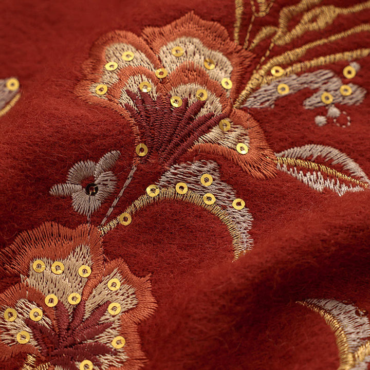 Chal de lana con Buddha Stones , flores rojas, lentejuelas doradas, bordado con borlas, bufanda de viaje acogedora para invierno