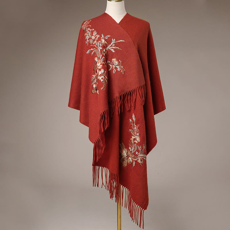 Chal de lana con Buddha Stones , flores rojas, lentejuelas doradas, bordado con borlas, bufanda de viaje acogedora para invierno