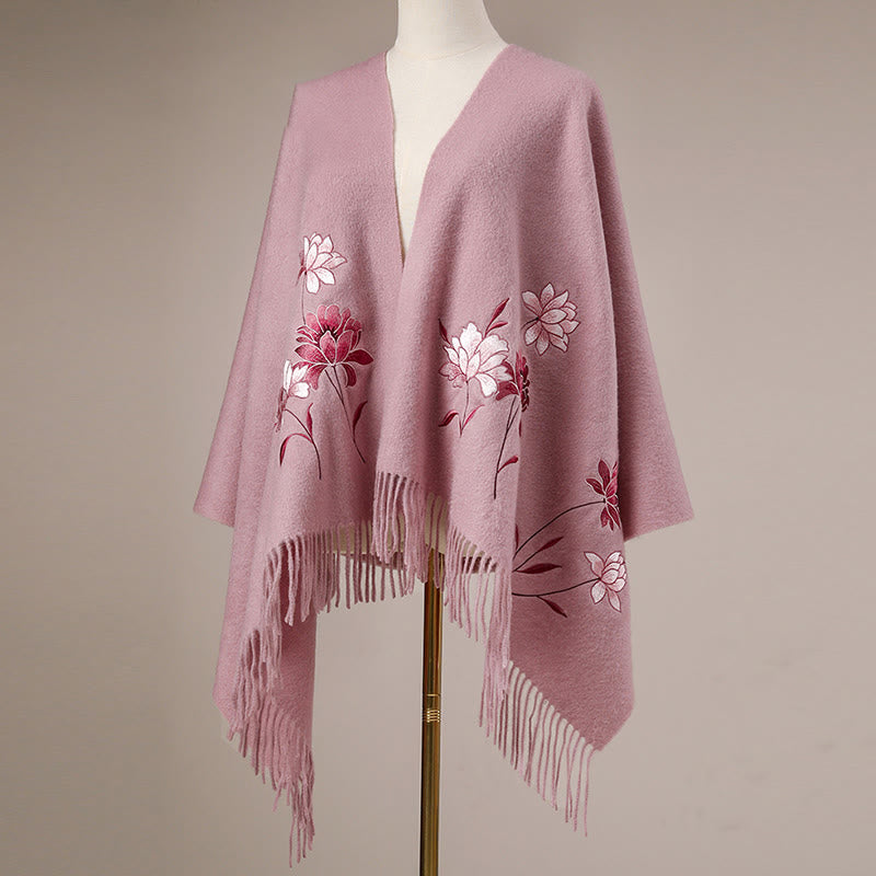 Chal de lana con Buddha Stones y borlas bordadas de loto rosa, bufanda de viaje acogedora para el invierno