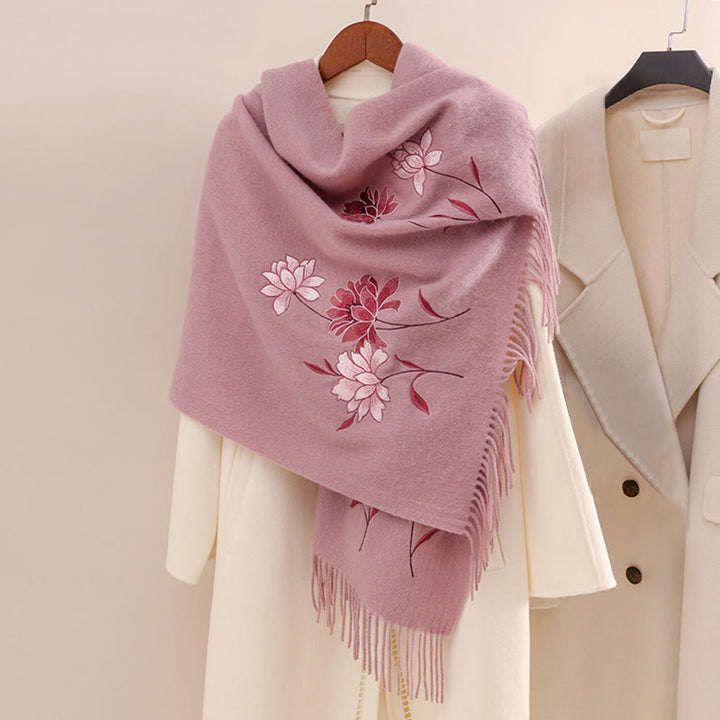 Chal de lana con Buddha Stones y borlas bordadas de loto rosa, bufanda de viaje acogedora para el invierno