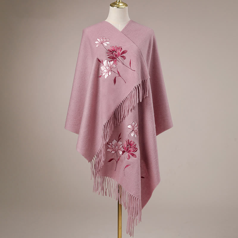 Chal de lana con Buddha Stones y borlas bordadas de loto rosa, bufanda de viaje acogedora para el invierno