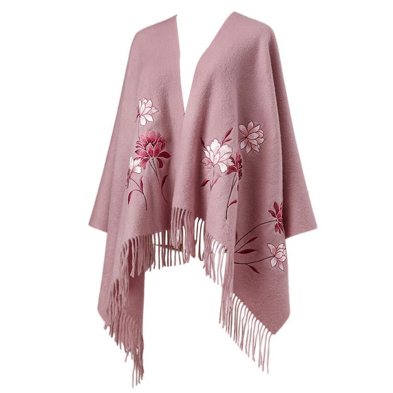 Chal de lana con Buddha Stones y borlas bordadas de loto rosa, bufanda de viaje acogedora para el invierno