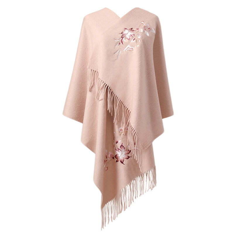 Chal de lana con Buddha Stones y flores blancas y rosas con borlas bordadas, bufanda de viaje acogedora para el invierno