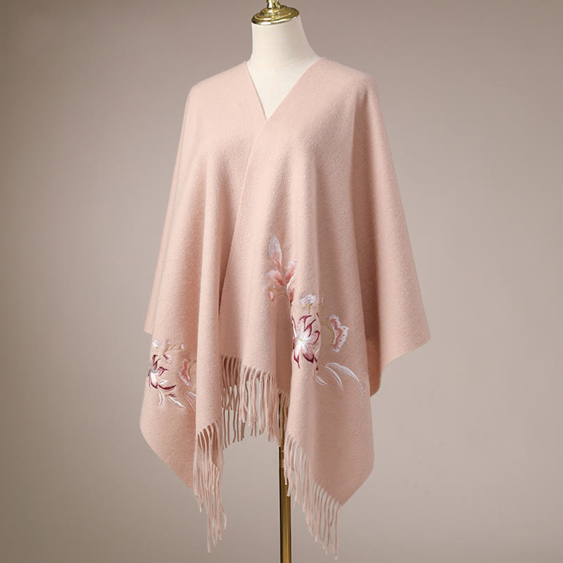 Chal de lana con Buddha Stones y flores blancas y rosas con borlas bordadas, bufanda de viaje acogedora para el invierno