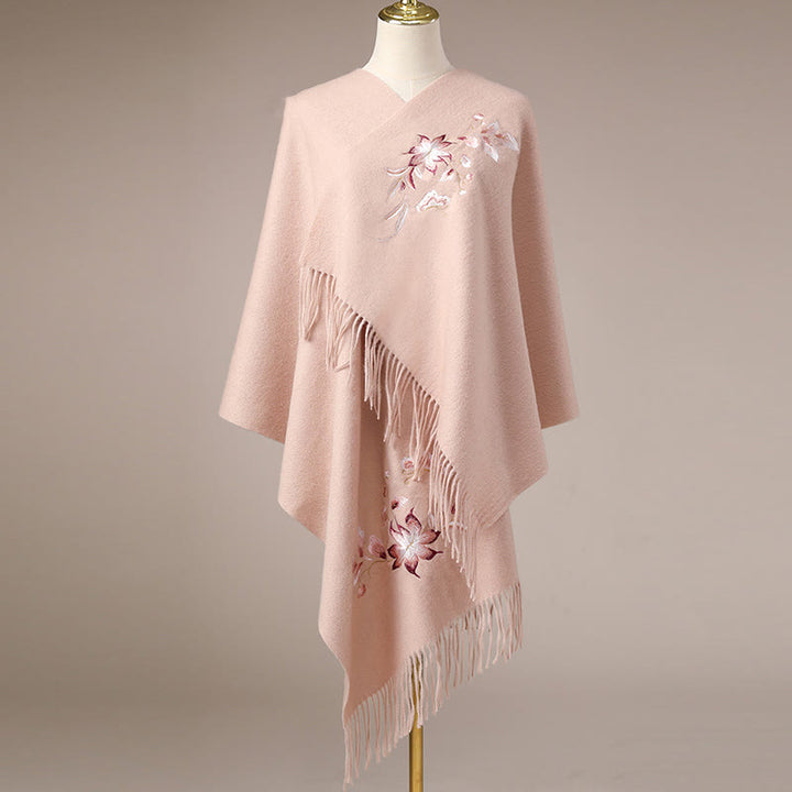 Chal de lana con Buddha Stones y flores blancas y rosas con borlas bordadas, bufanda de viaje acogedora para el invierno