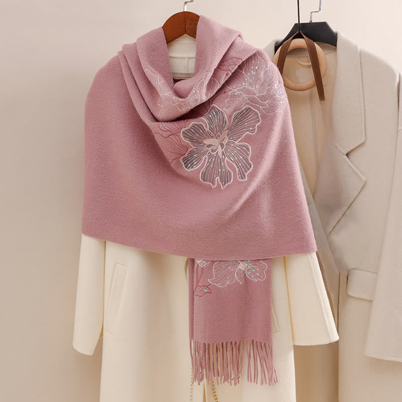 Chal de lana con Buddha Stones, flores grandes, lentejuelas, bordado, borlas, bufanda de viaje acogedora para invierno