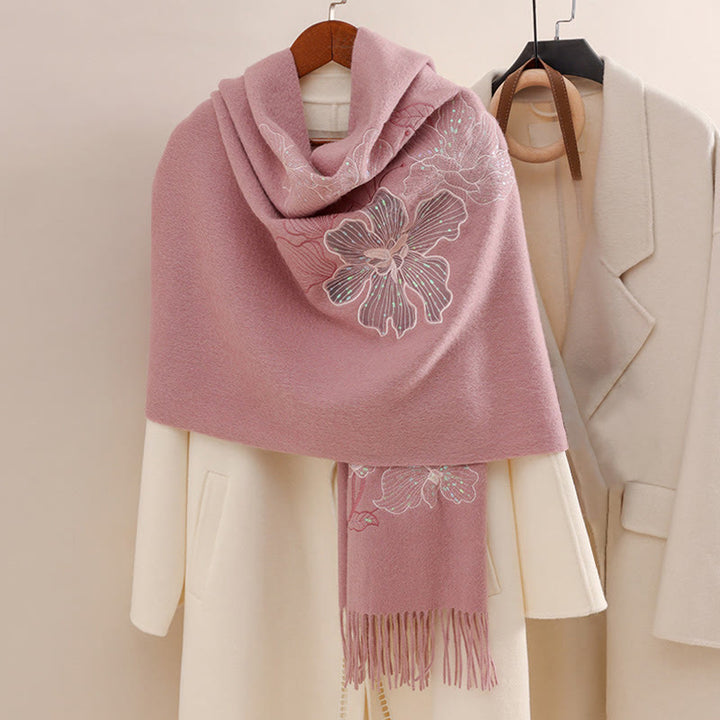 Chal de lana con Buddha Stones, flores grandes, lentejuelas, bordado, borlas, bufanda de viaje acogedora para invierno