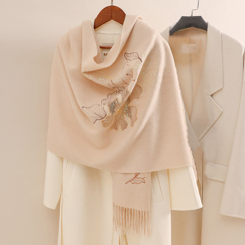 Chal de lana con Buddha Stones, flores grandes, lentejuelas, bordado, borlas, bufanda de viaje acogedora para invierno - PeachPuff - 200 x 60 cm - image 0