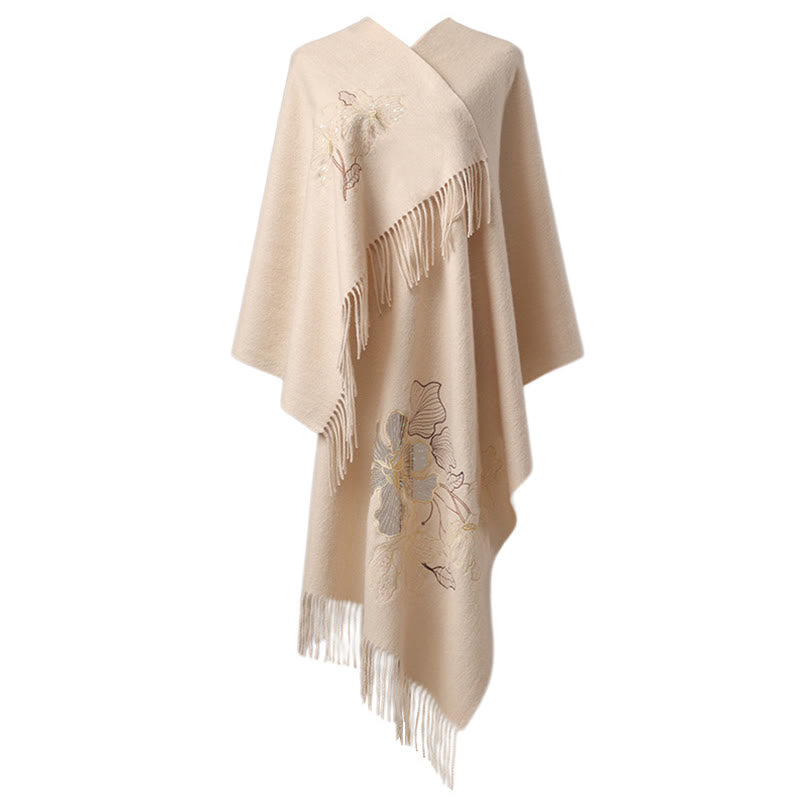 Chal de lana con Buddha Stones, flores grandes, lentejuelas, bordado, borlas, bufanda de viaje acogedora para invierno