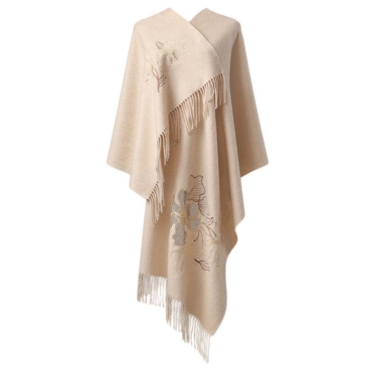 Chal de lana con Buddha Stones, flores grandes, lentejuelas, bordado, borlas, bufanda de viaje acogedora para invierno