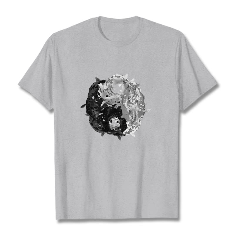 Camiseta de algodón con combinación de peces koi, yin yang y Buddha Stones - Gris claro - 2XL - image 10