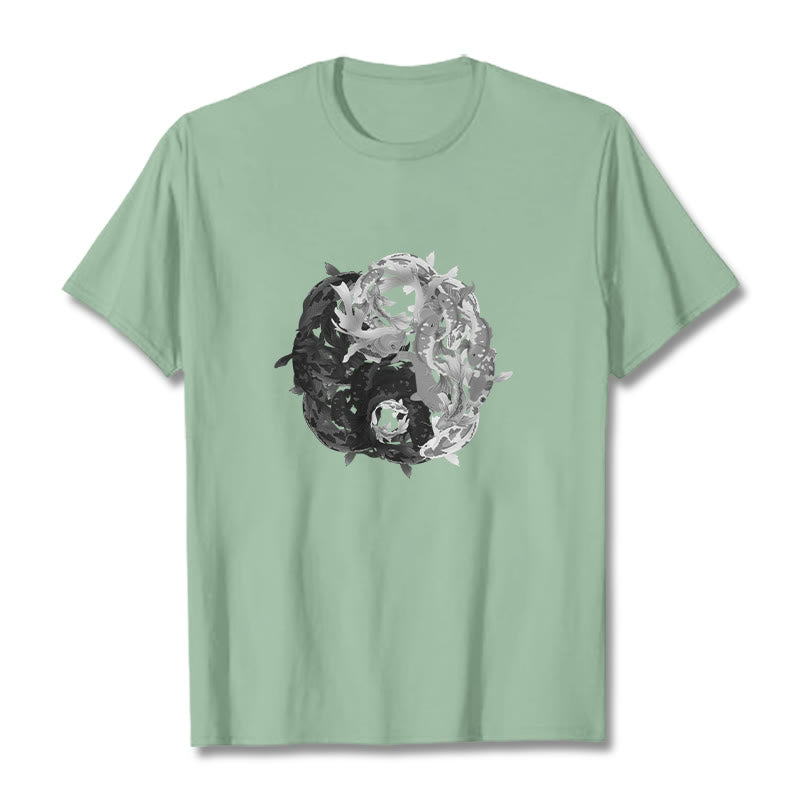 Camiseta de algodón con combinación de peces koi, yin yang y Buddha Stones - Verde pálido - 2XL - image 14