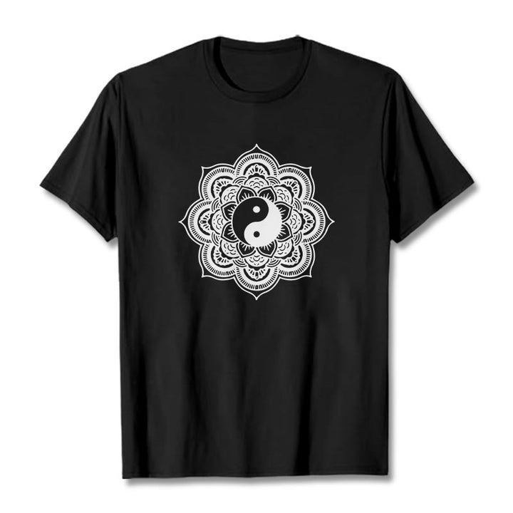 Camiseta de algodón con diseño de mandala y yang y Buddha Stones - Negro - 2XL - image 5