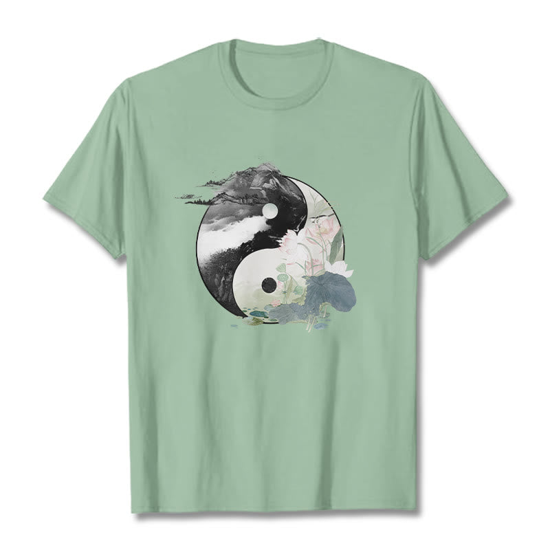 Camiseta de algodón con pintura en tinta de hojas de loto y yang y Buddha Stones - Verde pálido - 2XL - image 15