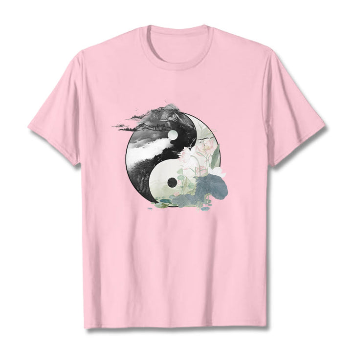 Camiseta de algodón con pintura en tinta de hojas de loto y yang y Buddha Stones - Rosa claro - 2XL - image 17