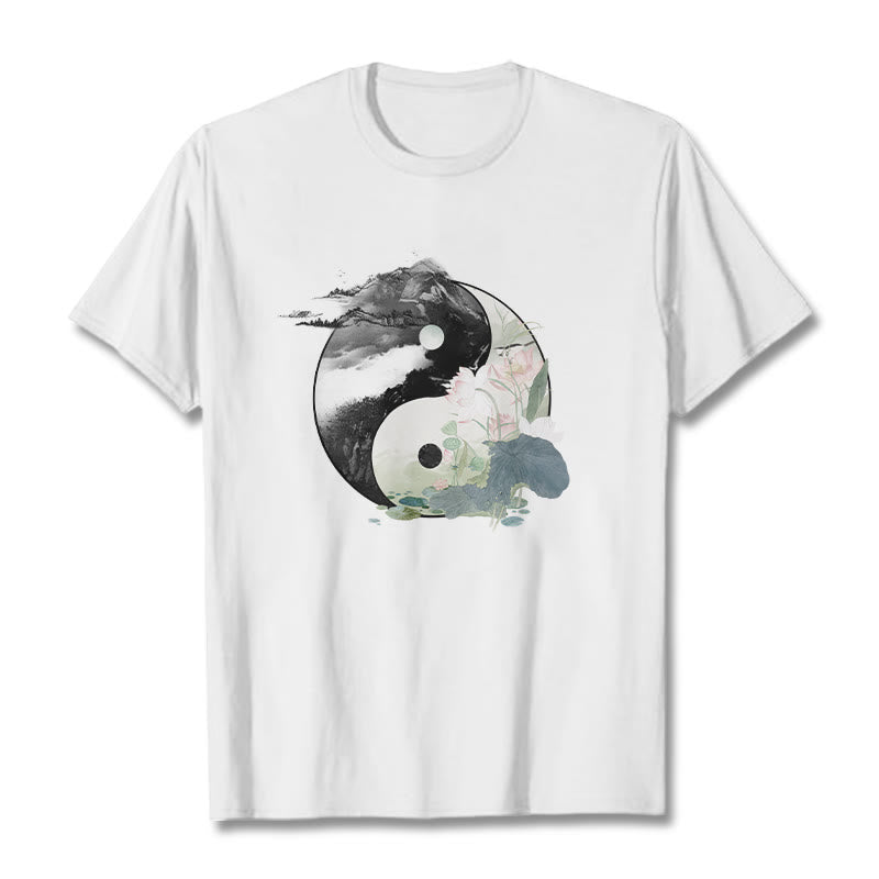 Camiseta de algodón con pintura en tinta de hojas de loto y yang y Buddha Stones - Blanco - 2XL - image 8