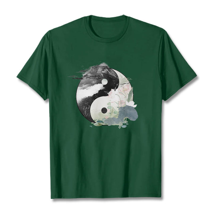 Camiseta de algodón con pintura en tinta de hojas de loto y yang y Buddha Stones - Verde bosque - 2XL - image 6