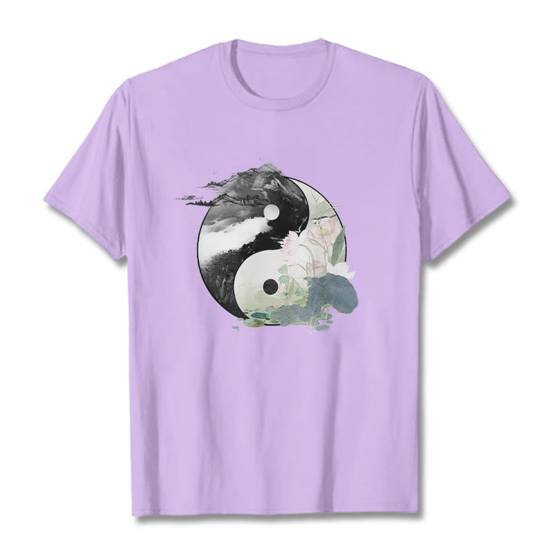 Camiseta de algodón con pintura en tinta de hojas de loto y yang y Buddha Stones - Ciruela - 2XL - image 19
