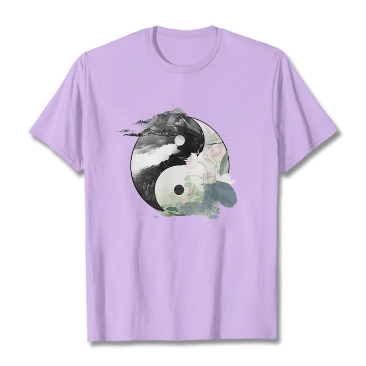 Camiseta de algodón con pintura en tinta de hojas de loto y yang y Buddha Stones - Ciruela - 2XL - image 19