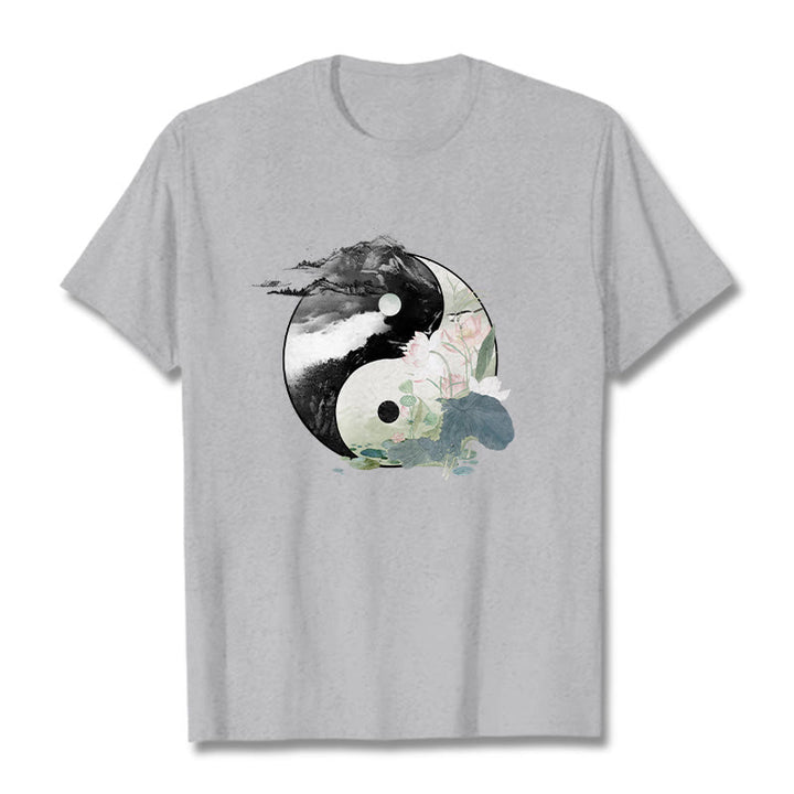 Camiseta de algodón con pintura en tinta de hojas de loto y yang y Buddha Stones - Gris claro - 2XL - image 11