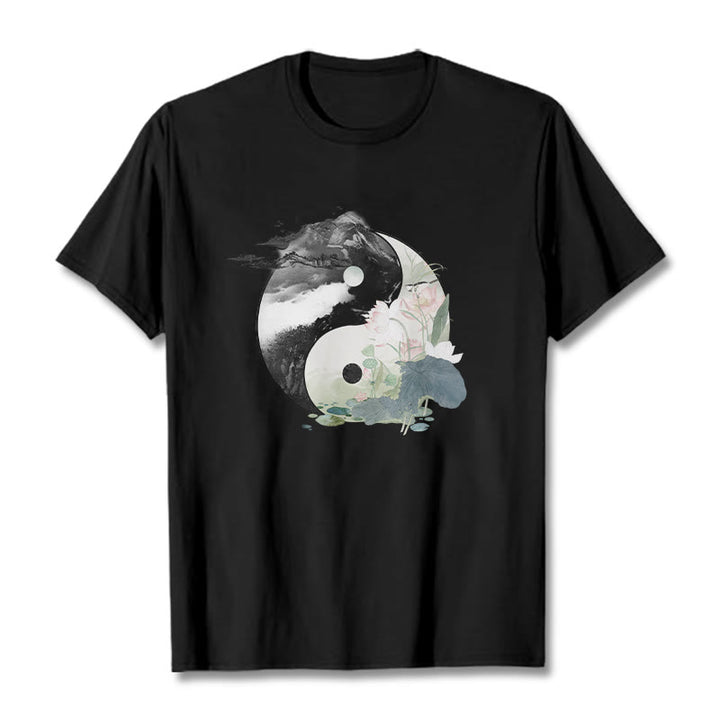 Camiseta de algodón con pintura en tinta de hojas de loto y yang y Buddha Stones - Negro - 2XL - image 1