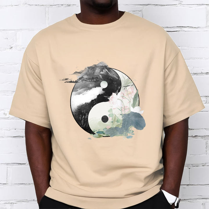 Camiseta de algodón con pintura en tinta de hojas de loto y yang y Buddha Stones - image 14