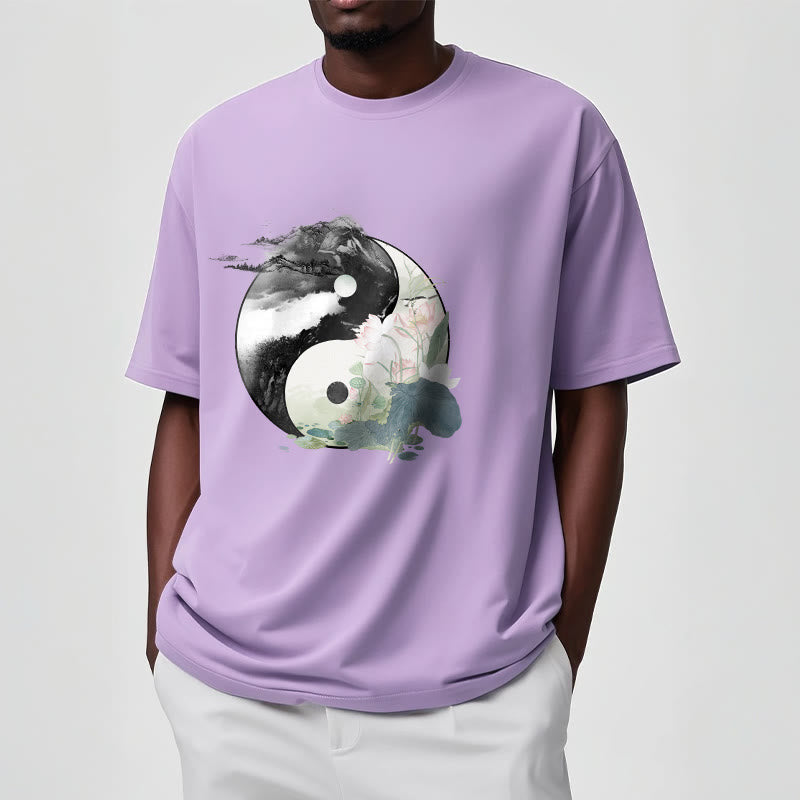 Camiseta de algodón con pintura en tinta de hojas de loto y yang y Buddha Stones - image 20