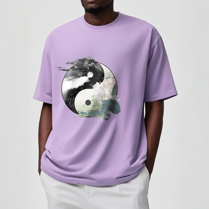 Camiseta de algodón con pintura en tinta de hojas de loto y yang y Buddha Stones - image 20