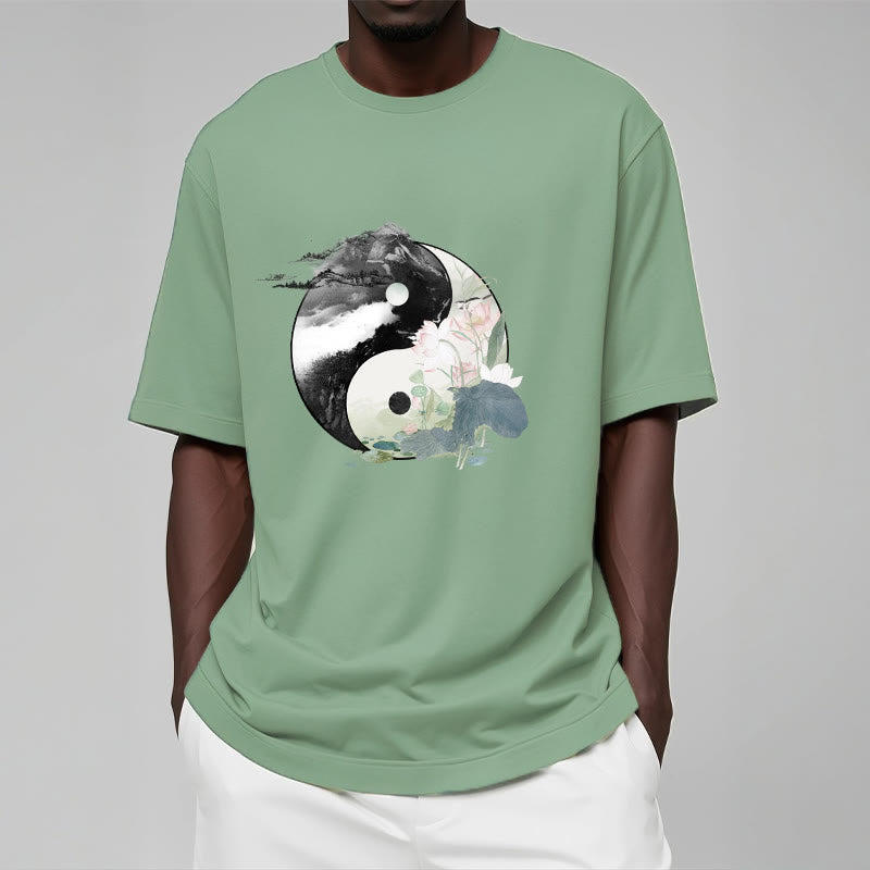 Camiseta de algodón con pintura en tinta de hojas de loto y yang y Buddha Stones - image 16