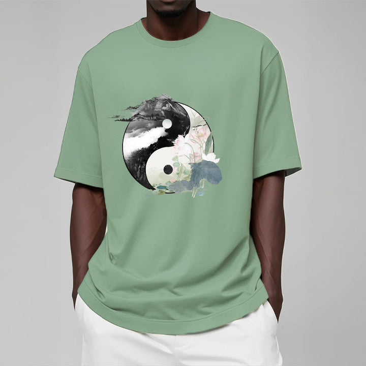 Camiseta de algodón con pintura en tinta de hojas de loto y yang y Buddha Stones - image 16