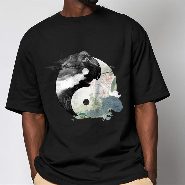 Camiseta de algodón con pintura en tinta de hojas de loto y yang y Buddha Stones - image 3