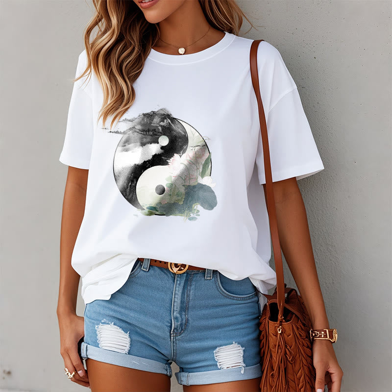 Camiseta de algodón con pintura en tinta de hojas de loto y yang y Buddha Stones - image 9