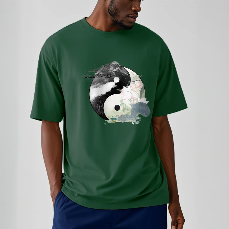 Camiseta de algodón con pintura en tinta de hojas de loto y yang y Buddha Stones - image 7