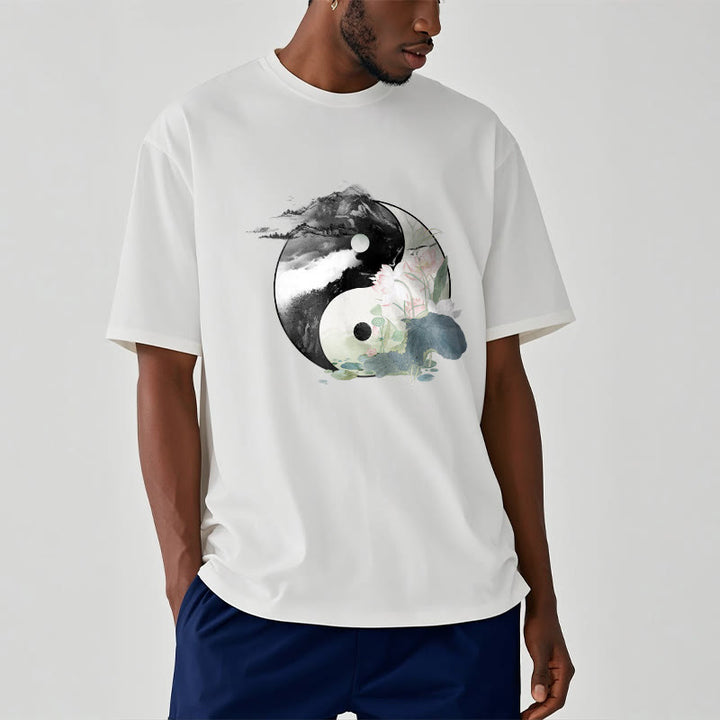 Camiseta de algodón con pintura en tinta de hojas de loto y yang y Buddha Stones - image 10