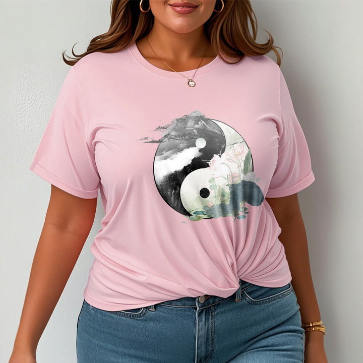 Camiseta de algodón con pintura en tinta de hojas de loto y yang y Buddha Stones - image 18