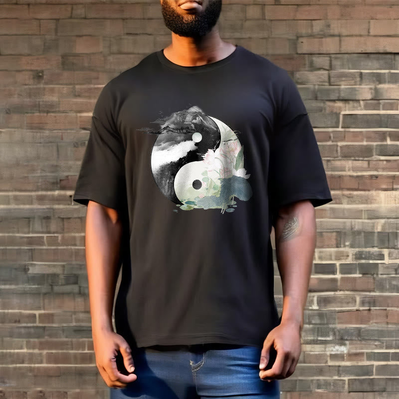 Camiseta de algodón con pintura en tinta de hojas de loto y yang y Buddha Stones - image 4