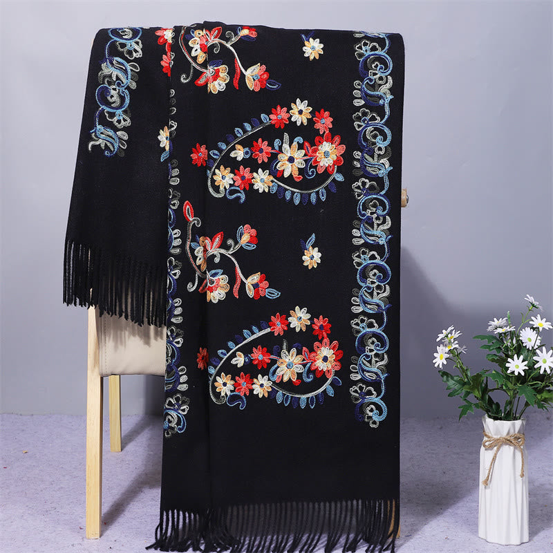 Chal de poliéster con Buddha Stones , estilo étnico con flores coloridas, bordado con borlas, bufanda de viaje acogedora para el invierno - Negro - 200*70 cm - image 1