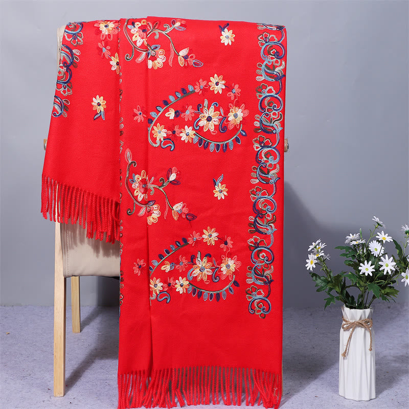 Chal de poliéster con Buddha Stones , estilo étnico con flores coloridas, bordado con borlas, bufanda de viaje acogedora para el invierno - Rojo - 200*70 cm - image 0