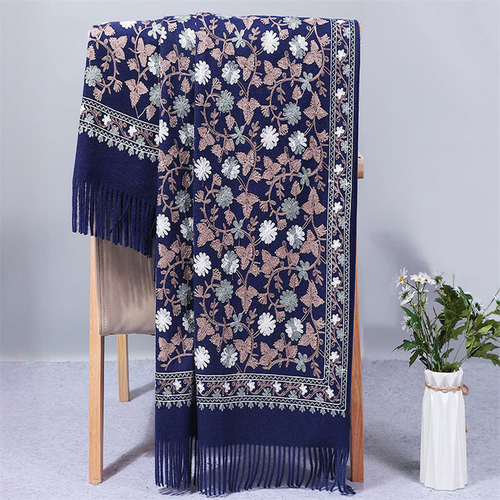 Chal de poliéster con Buddha Stones y flores de anacardo, bordado con borlas, bufanda de viaje acogedora para el invierno