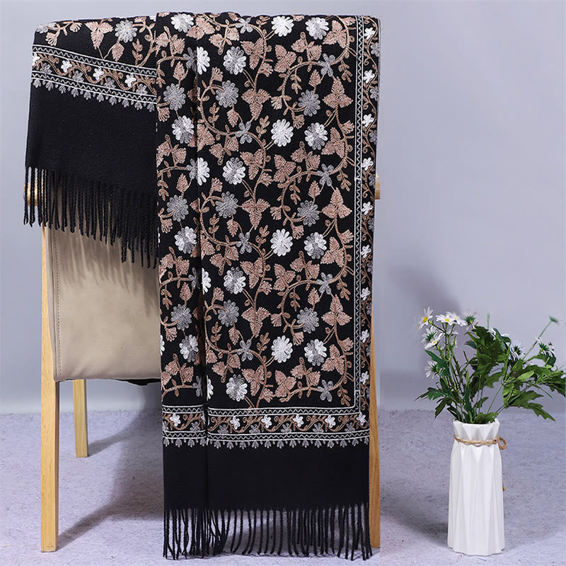 Chal de poliéster con Buddha Stones y flores de anacardo, bordado con borlas, bufanda de viaje acogedora para el invierno