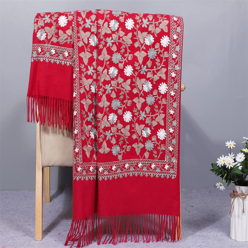 Chal de poliéster con Buddha Stones y flores de anacardo, bordado con borlas, bufanda de viaje acogedora para el invierno