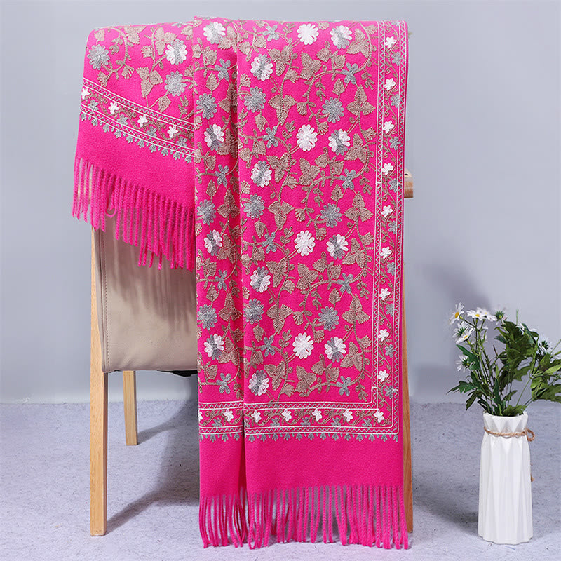 Chal de poliéster con Buddha Stones y flores de anacardo, bordado con borlas, bufanda de viaje acogedora para el invierno